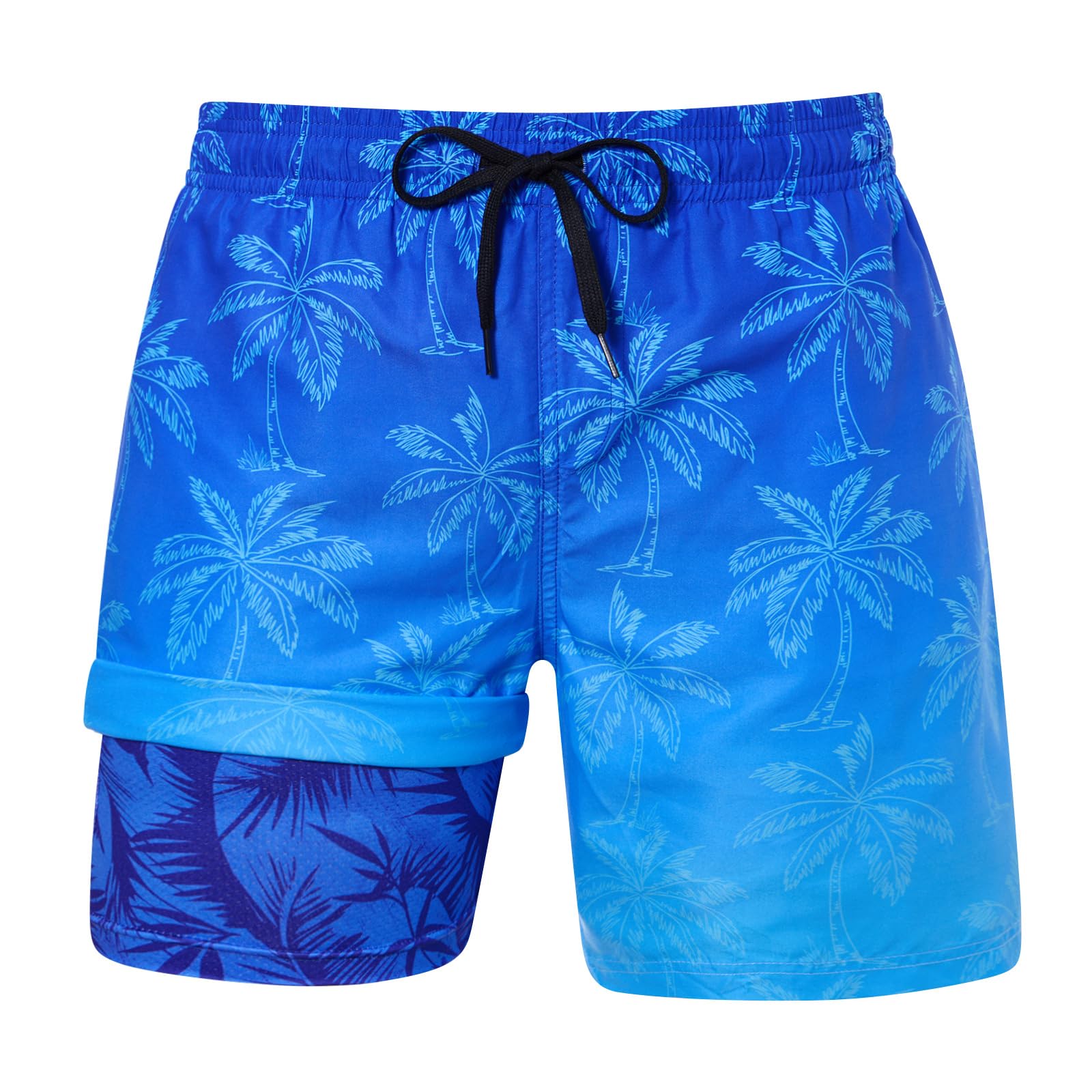 Men's black gradient 2-in-1 swim trunks with palm tree detail, built-in compression liner and drawstring waist for summer wear.