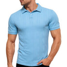 Men's blue textured knit polo shirt with short sleeves, classic collar and comfortable design for casual summer outfits.