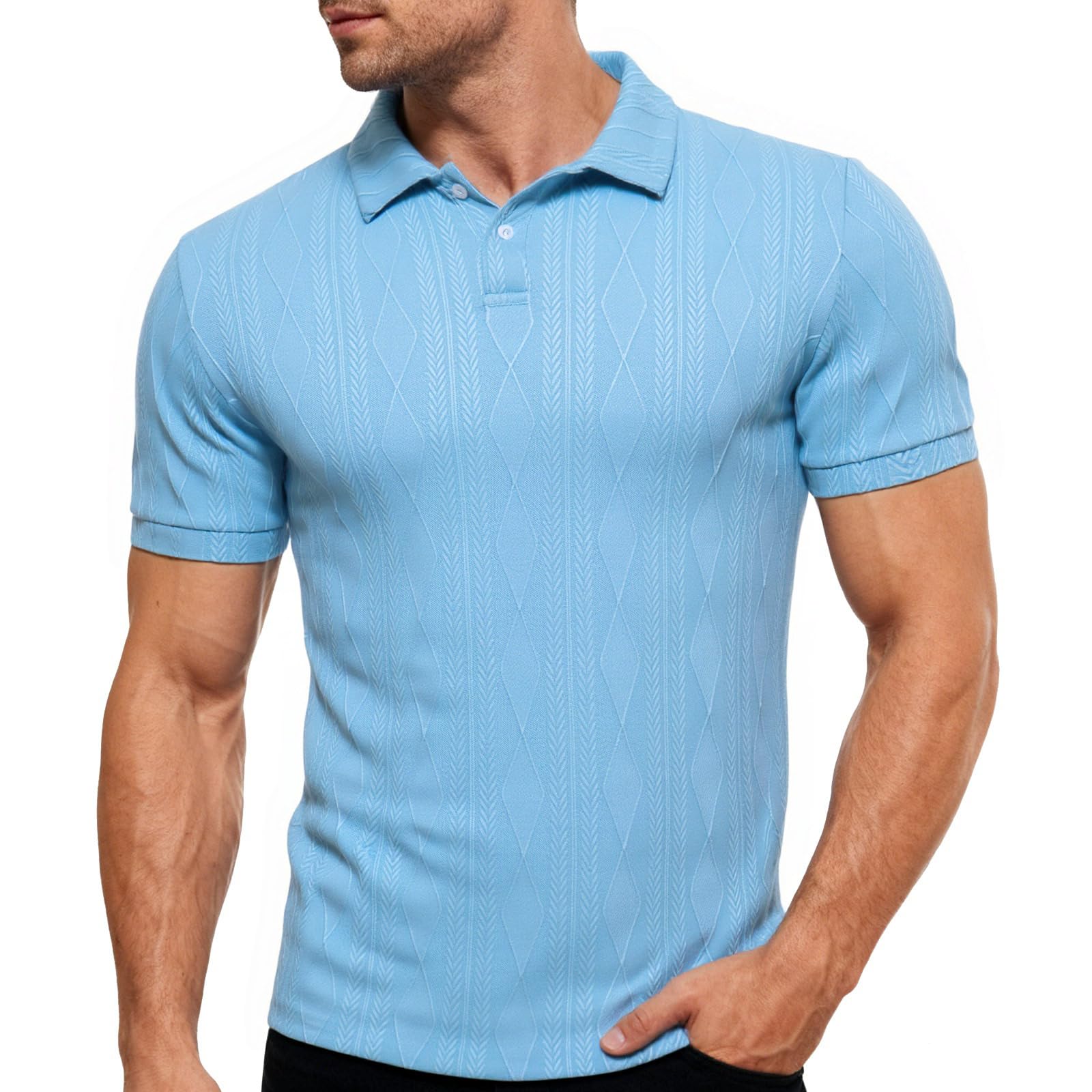 Men's blue textured knit polo shirt with short sleeves, classic collar and comfortable design for casual summer outfits.