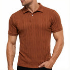 Men's caramel textured knit polo shirt featuring a classic collar, short sleeves and subtle knit pattern for polished casual styling.
