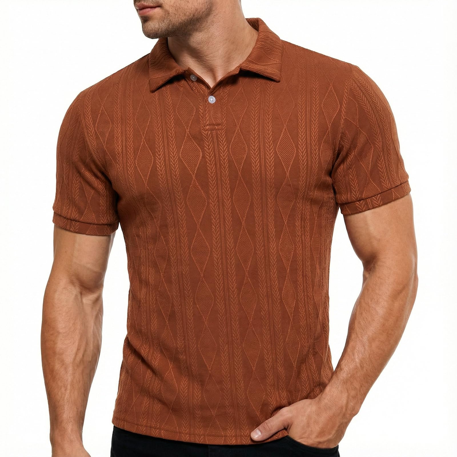 Men's caramel textured knit polo shirt featuring a classic collar, short sleeves and subtle knit pattern for polished casual styling.