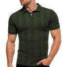Men's dark olive textured knit polo shirt with short sleeves and classic polo collar for relaxed everyday and smart casual outfits.