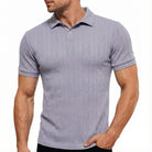 Men's grey textured knit polo shirt with classic collar and short sleeves, lightweight casual top for work, travel and everyday wear.
