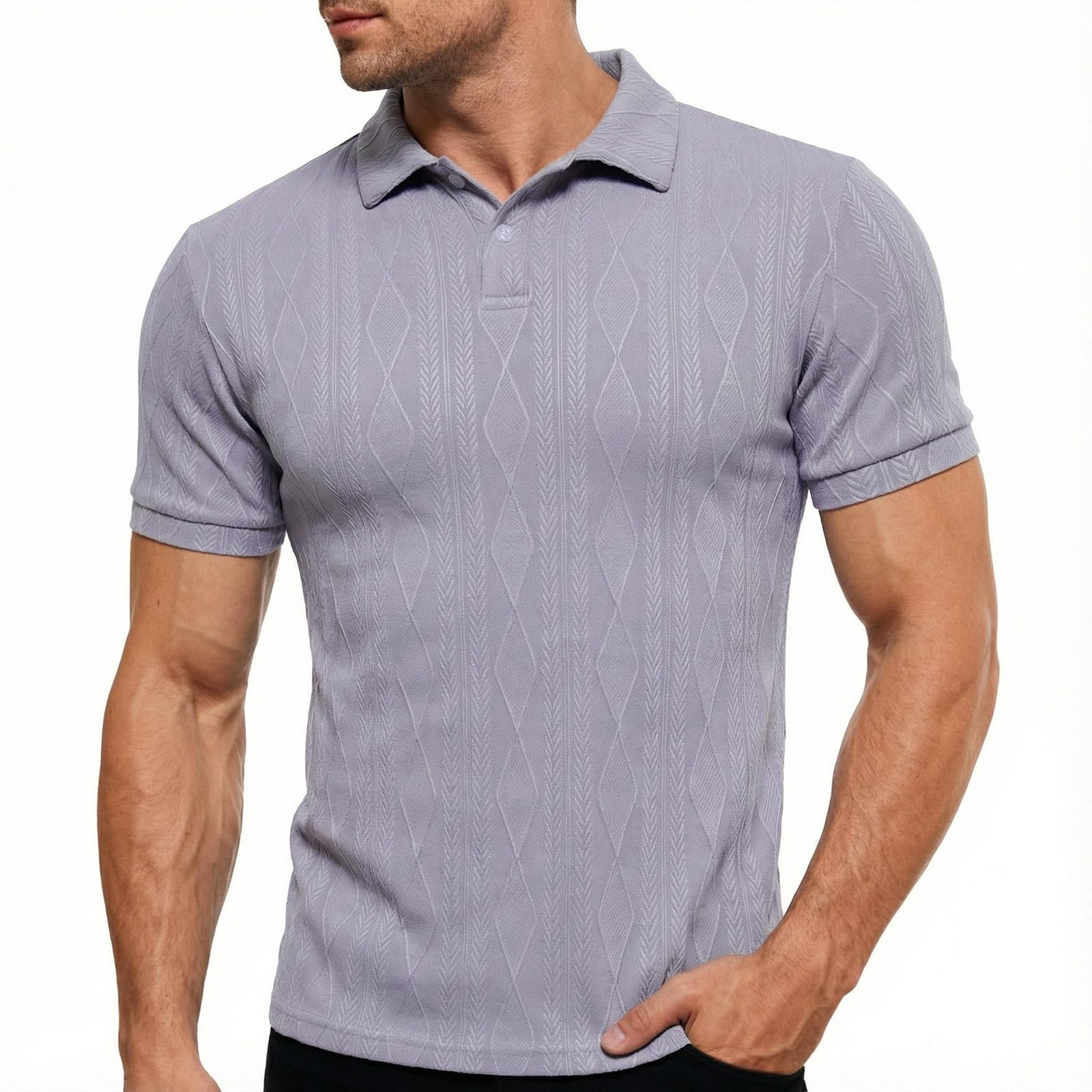 Men's grey textured knit polo shirt with classic collar and short sleeves, lightweight casual top for work, travel and everyday wear.