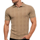 Men's khaki textured knit polo shirt with short sleeves, classic collar and two-button placket for smart casual everyday wear.