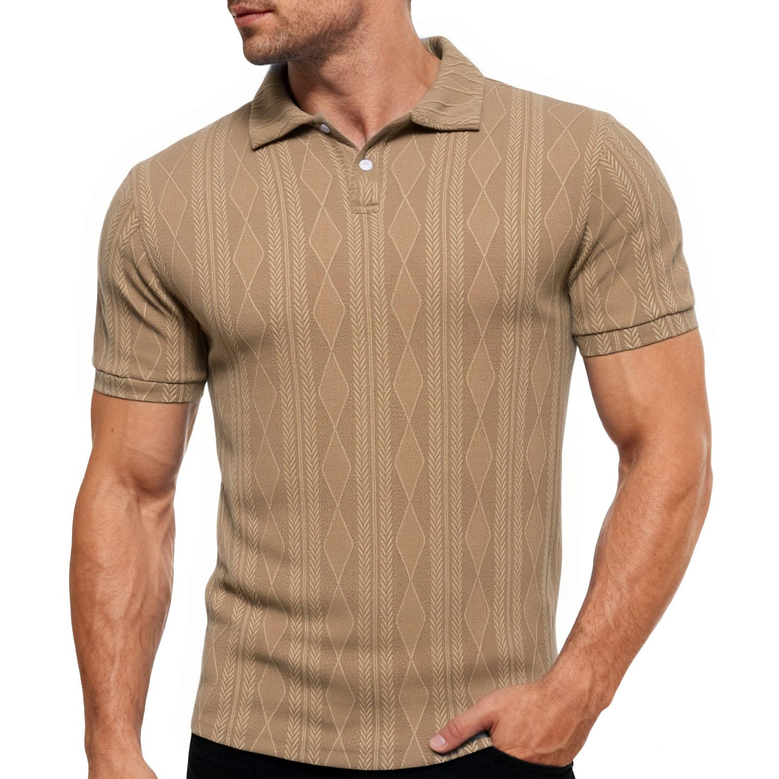 Men's khaki textured knit polo shirt with short sleeves, classic collar and two-button placket for smart casual everyday wear.