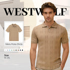 Men's khaki textured polo shirt showing the classic collar, short sleeves, two-button placket and subtle knit pattern.