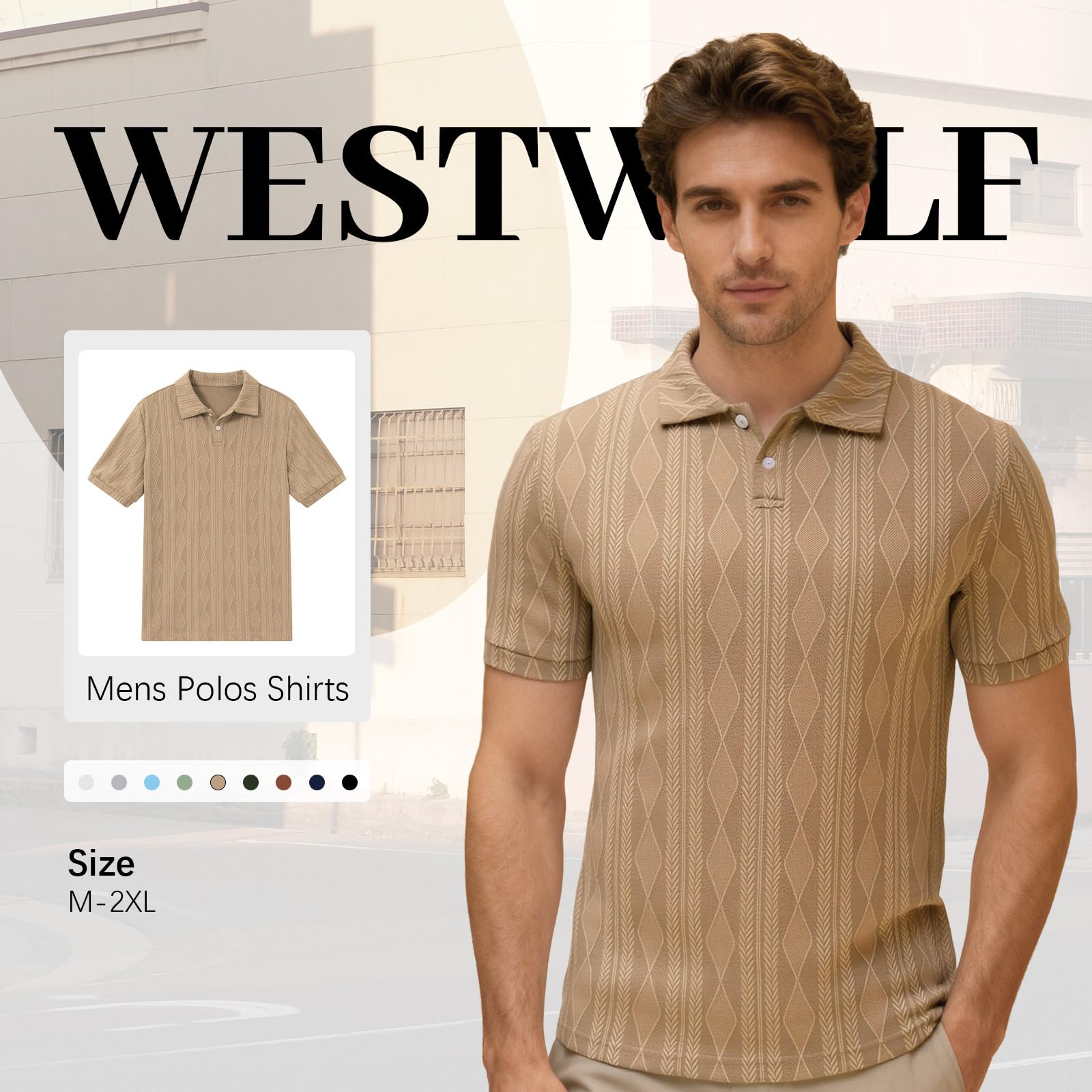 Men's khaki textured polo shirt showing the classic collar, short sleeves, two-button placket and subtle knit pattern.