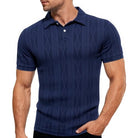 Men's navy textured knit polo shirt with classic collar, short sleeves and two-button placket for casual and smart casual outfits.