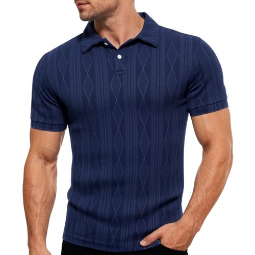 Men's navy textured knit polo shirt with classic collar, short sleeves and two-button placket for casual and smart casual outfits.