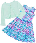 Girls mermaid scales print dress with matching cardigan featuring a fantasy ocean-inspired pattern.