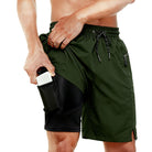 Men's military green performance gym shorts with compression liner.