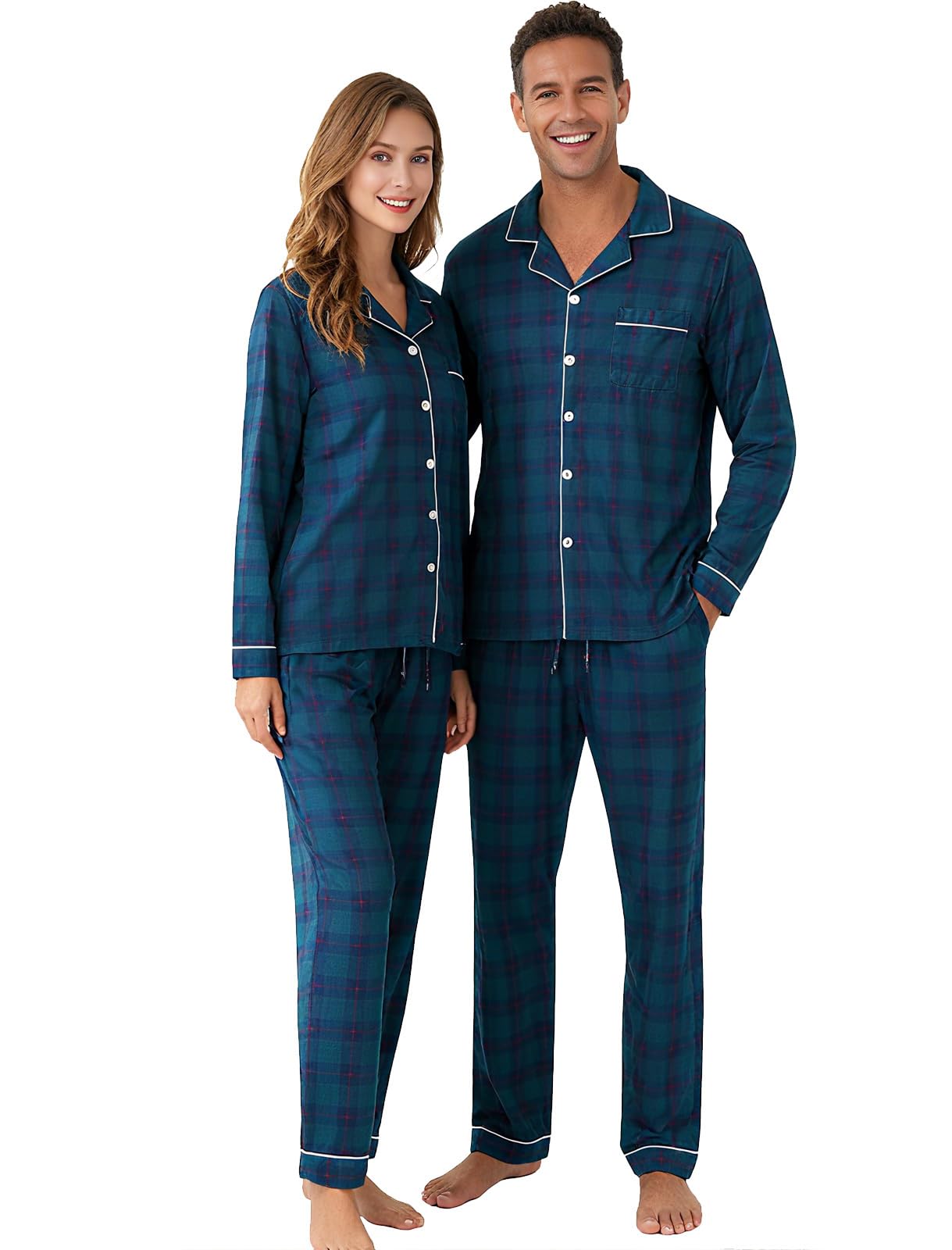 Couple wearing navy plaid matching pajama sets with button down tops and comfortable pants