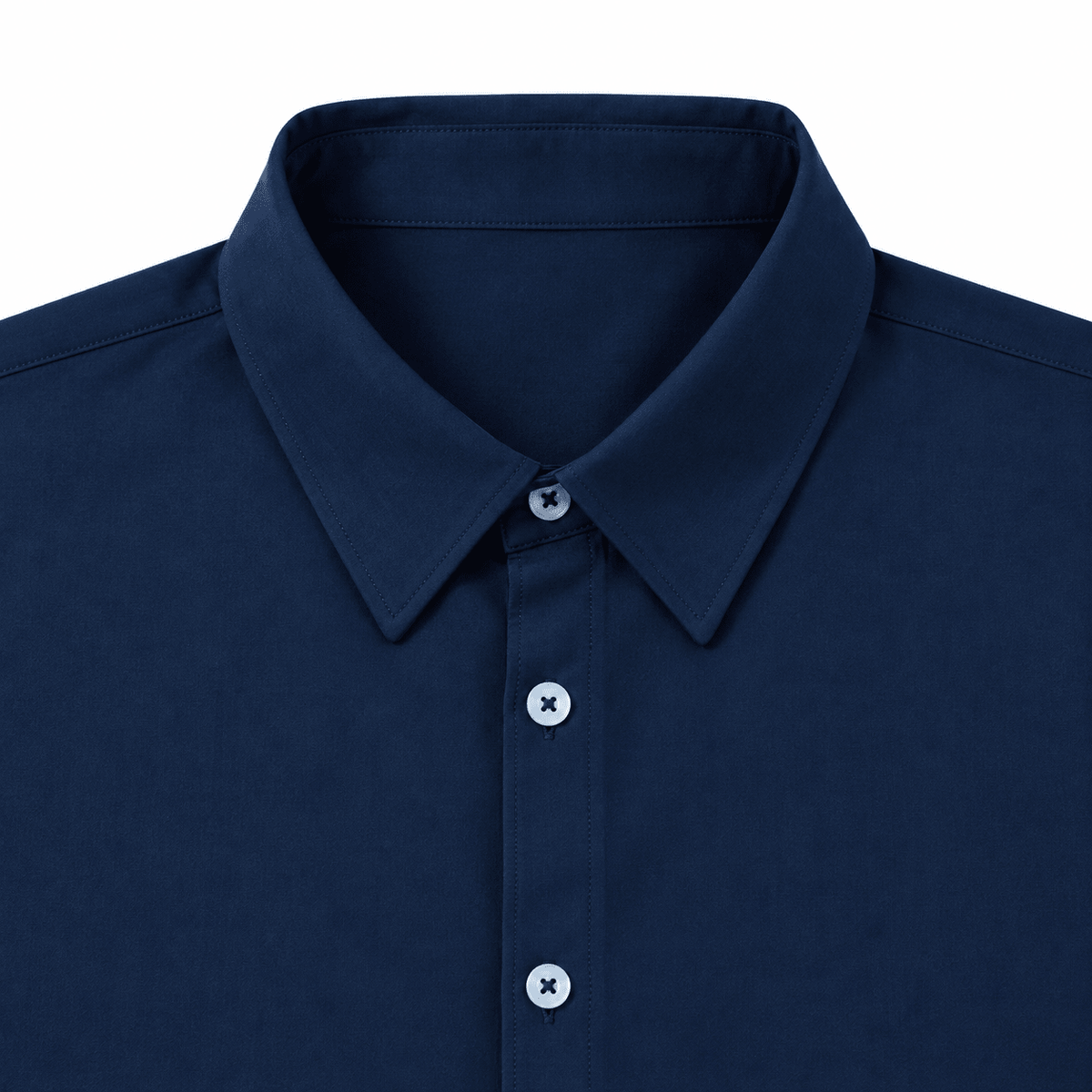 Close-up of boys navy polo shirt showing the polo collar, button front placket and clean stitching details.
