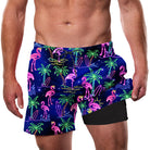 Men's neon flamingo swim shorts with colorful vacation pattern