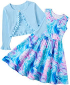 Girls ocean marble print dress paired with a matching cardigan featuring a flowing blue pattern.