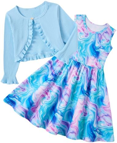 Girls ocean marble print dress paired with a matching cardigan featuring a flowing blue pattern.