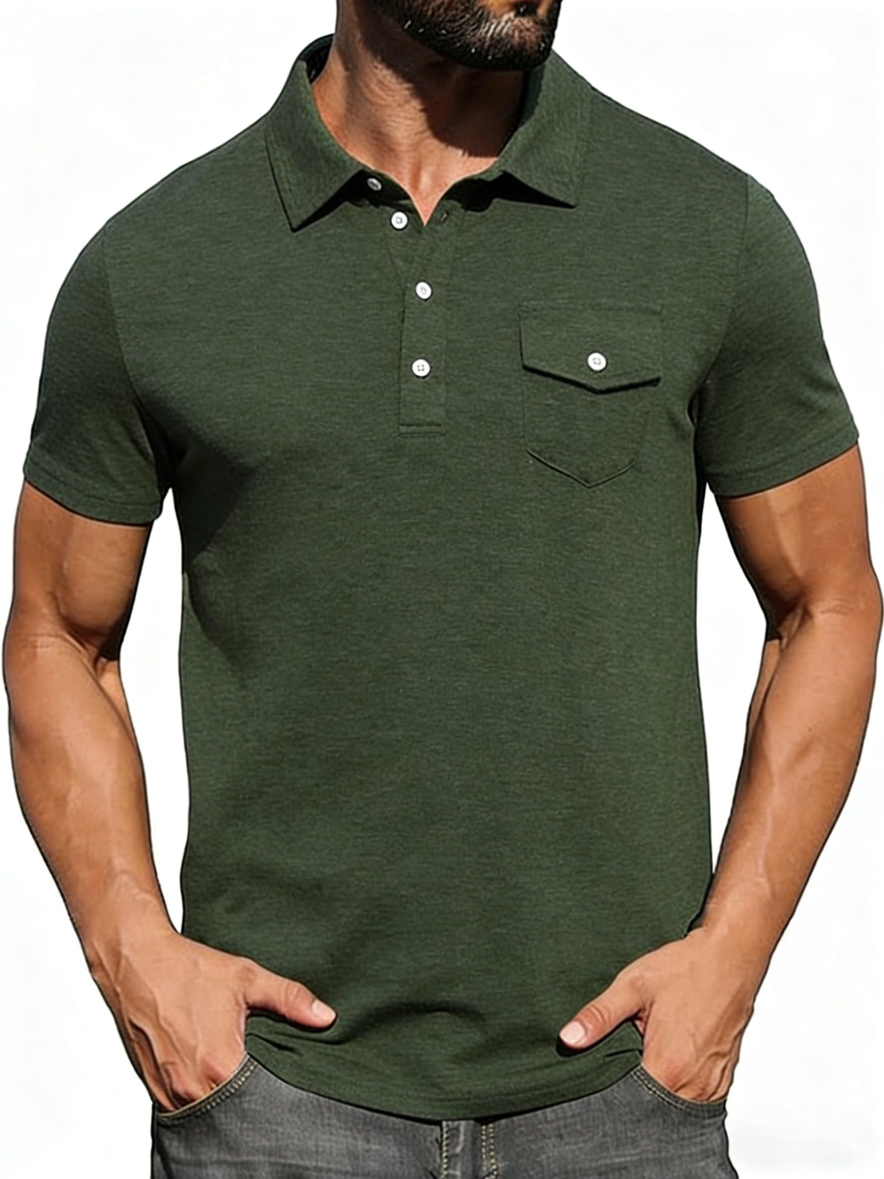 Olive green men's performance polo shirt with moisture-wicking fabric.