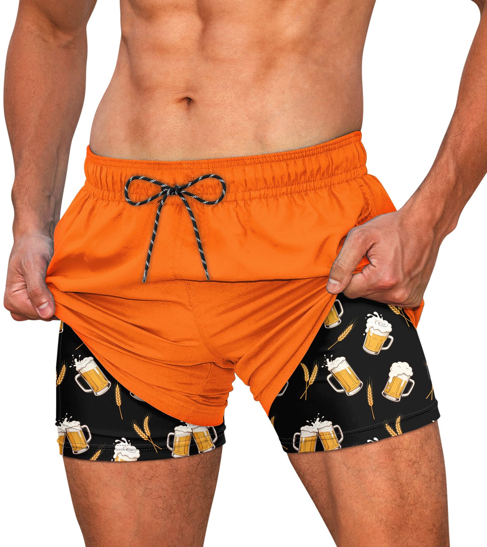 Men's orange beer pattern swim shorts for beach and summer activities