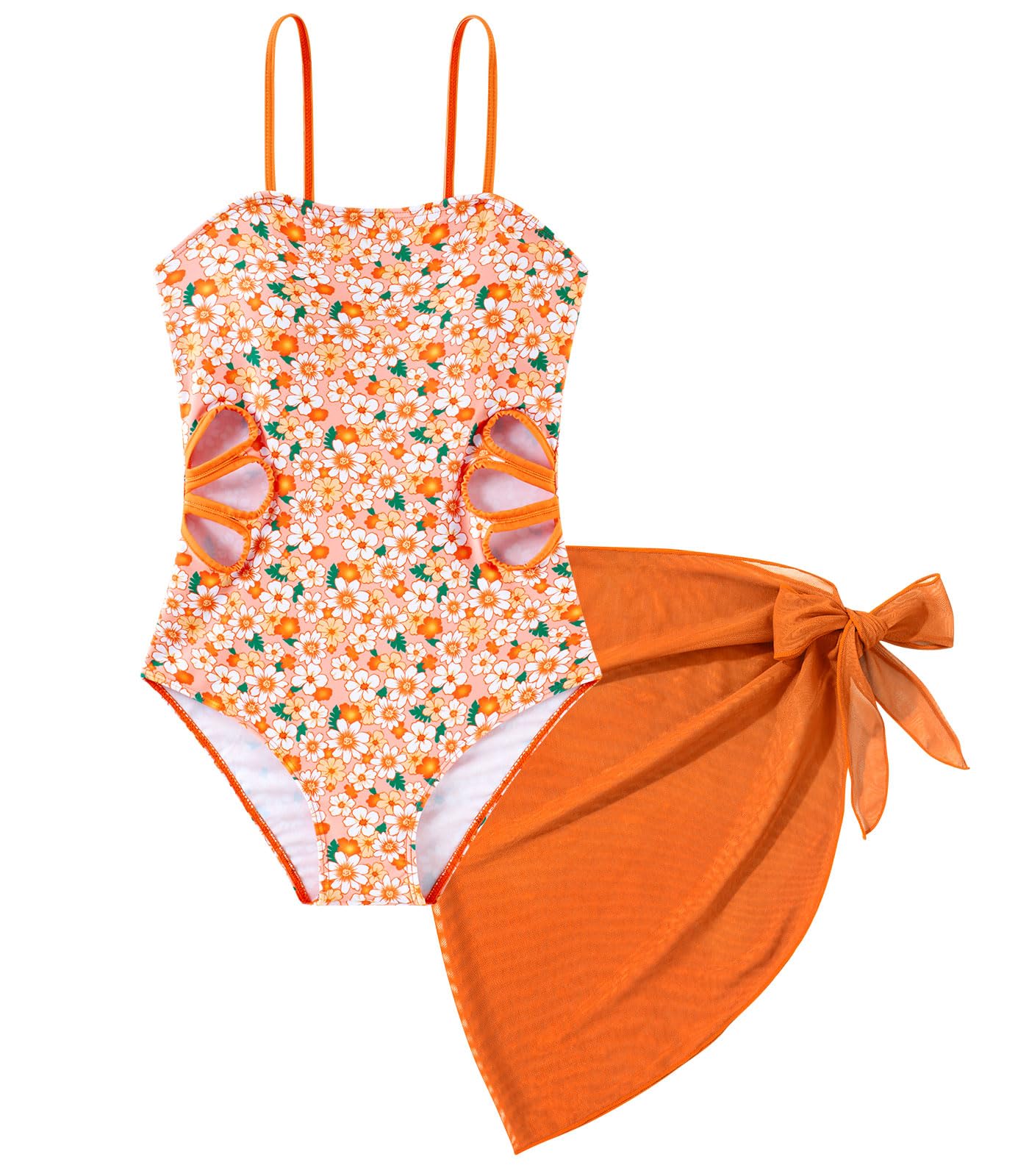 orange floral girls one piece swimsuit for beach holidays