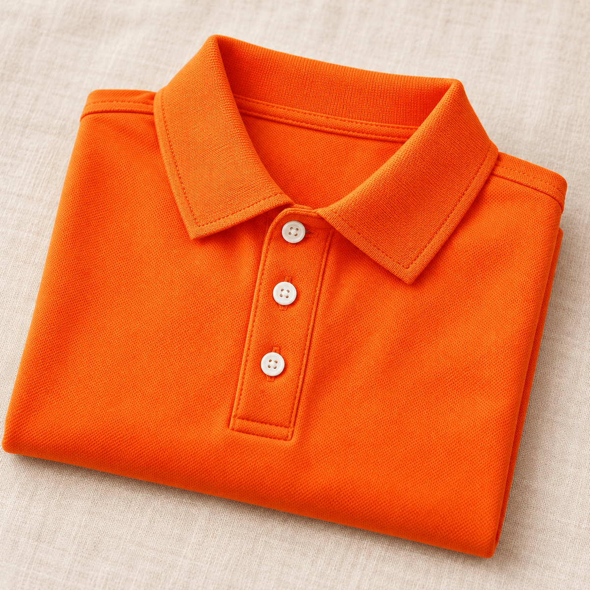 Close-up of the orange boys polo shirt showing the structured collar, button placket and smooth solid fabric construction.