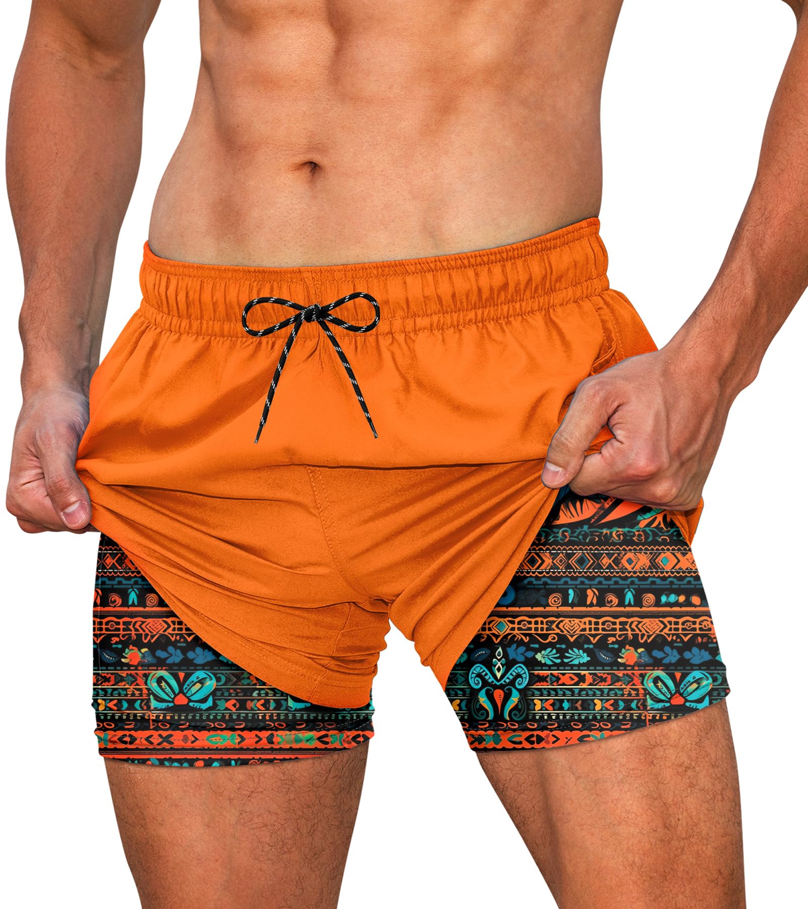 Men's orange tribal print swim trunks for beach vacation wear