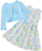 Girls pastel garden floral dress paired with a cardigan featuring colorful garden-inspired prints.