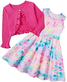 Girls pastel tie dye print dress with matching cardigan featuring a colorful gradient pattern.