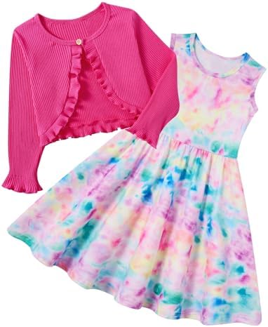 Girls pastel tie dye print dress with matching cardigan featuring a colorful gradient pattern.