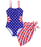patriotic print girls one piece swimsuit with matching wrap skirt