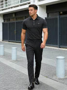 Men's stretch polo shirt designed for comfort while walking outdoors.