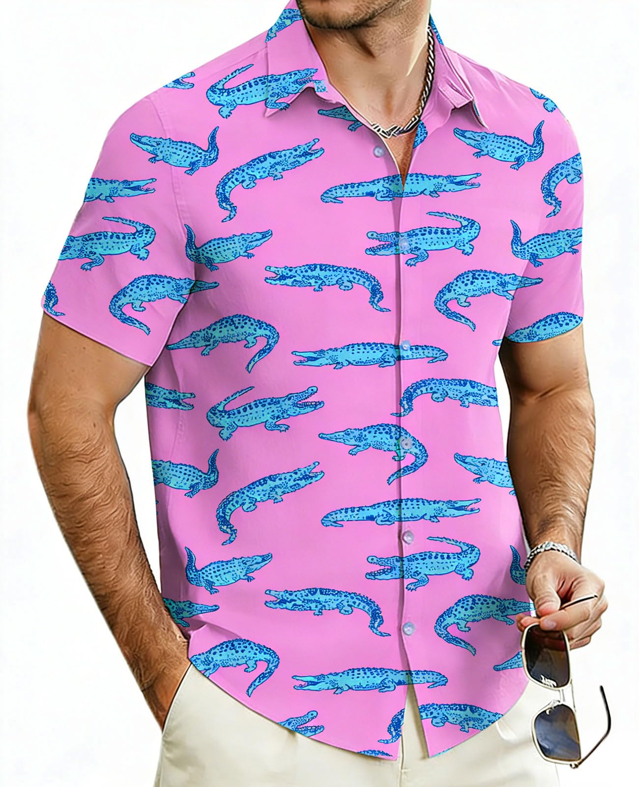 Men's tropical shirt featuring a playful pink alligator print for vacation styling.