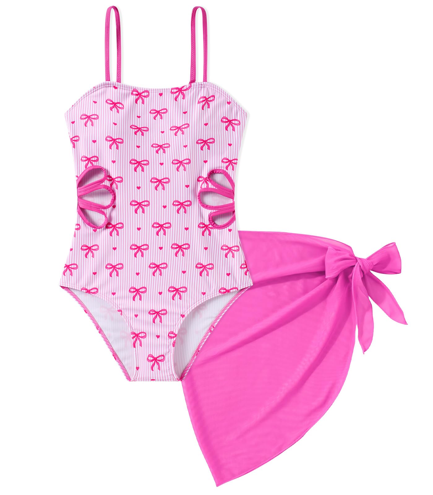 pink bow print girls one piece swimsuit with side cutouts and hot pink wrap skirt