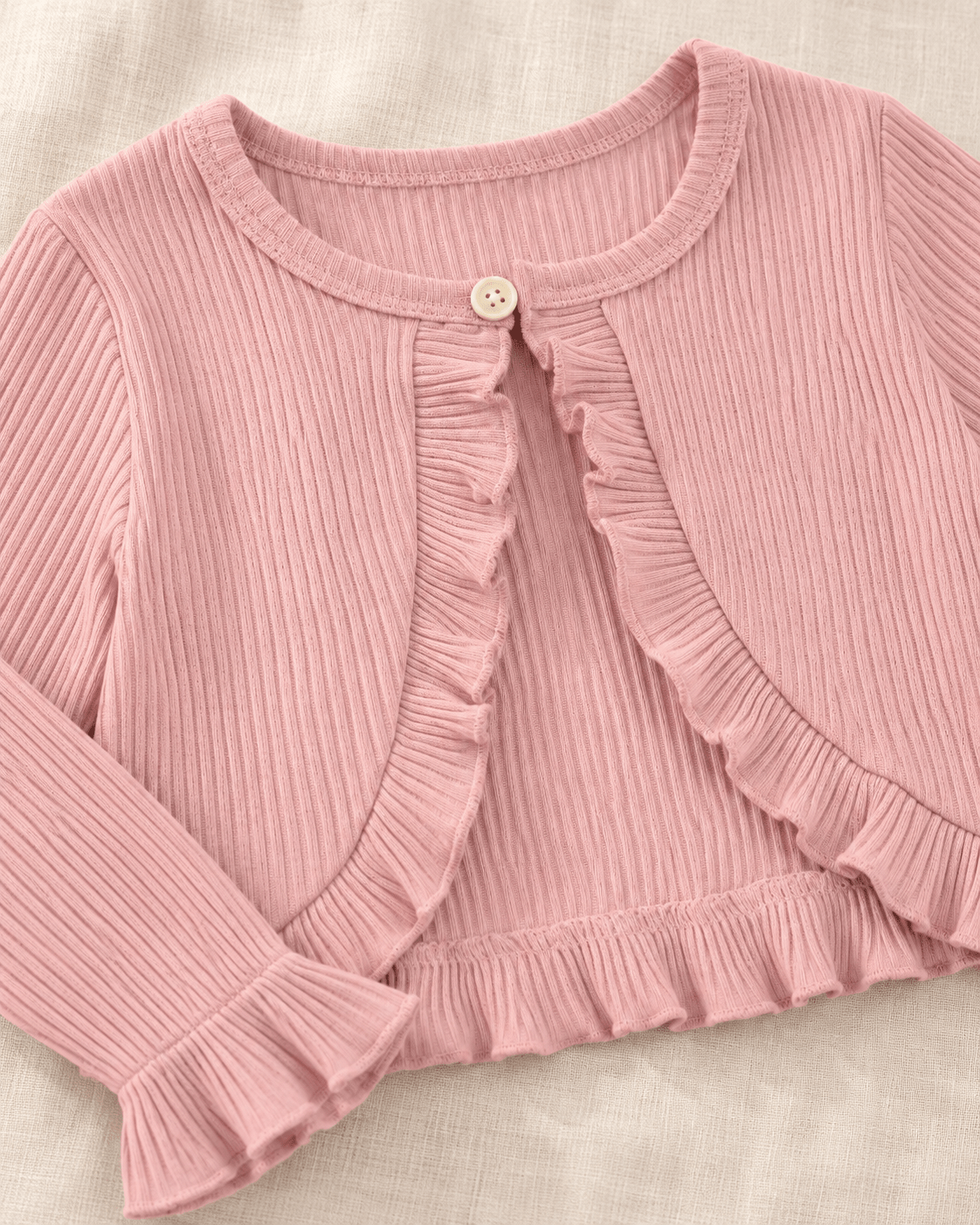 Close-up of the pink girls cardigan showing the open front design, ruffle trim and long sleeve construction paired with the floral dress.