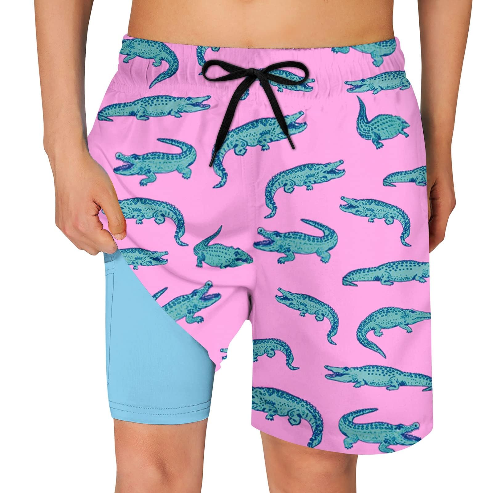 pink crocodile print boys swim trunks with light blue compression liner for summer swimming