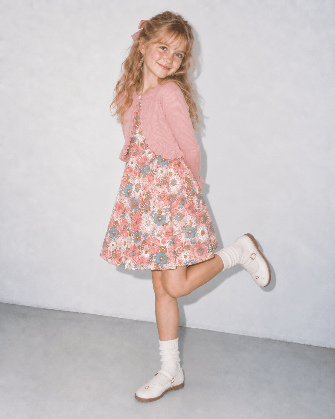 Girl wearing a Pink Daisy Floral dress and pink cardigan while walking, showing the comfortable fit and flowy floral dress silhouette.