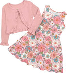 Girls pink daisy floral dress paired with a matching cardigan featuring a soft and feminine flower pattern.