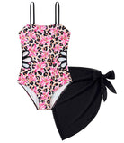 pink floral girls one piece swimsuit with matching wrap skirt