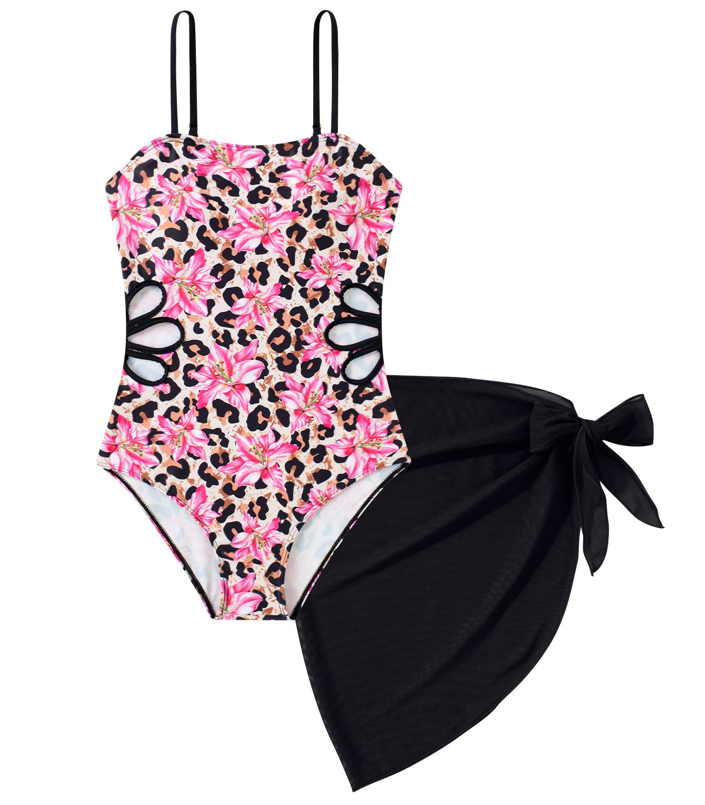 pink floral girls one piece swimsuit with matching wrap skirt