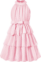 pink girls swiss dot tiered party dress with waist tie elegant princess dress