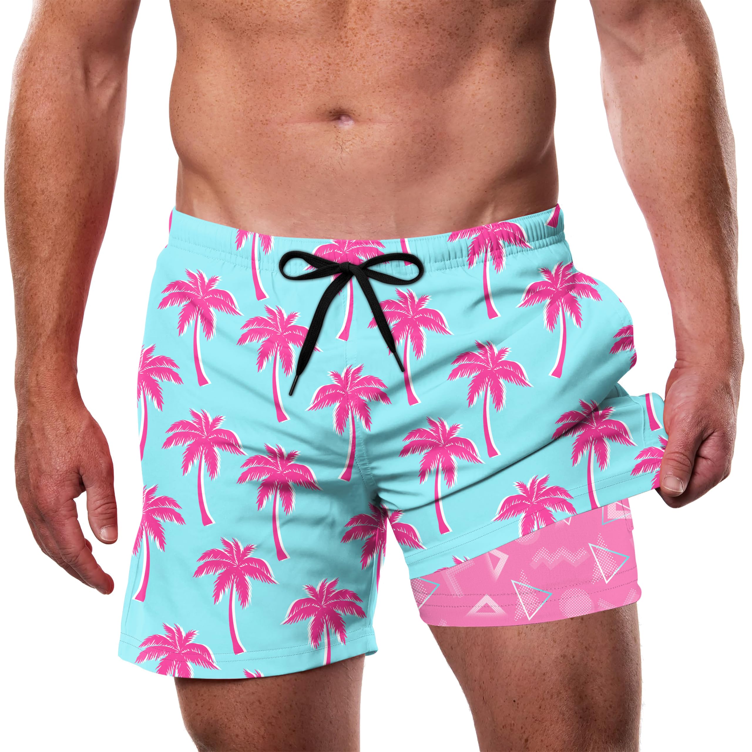 men's pink palm tree swim shorts for tropical beach holidays