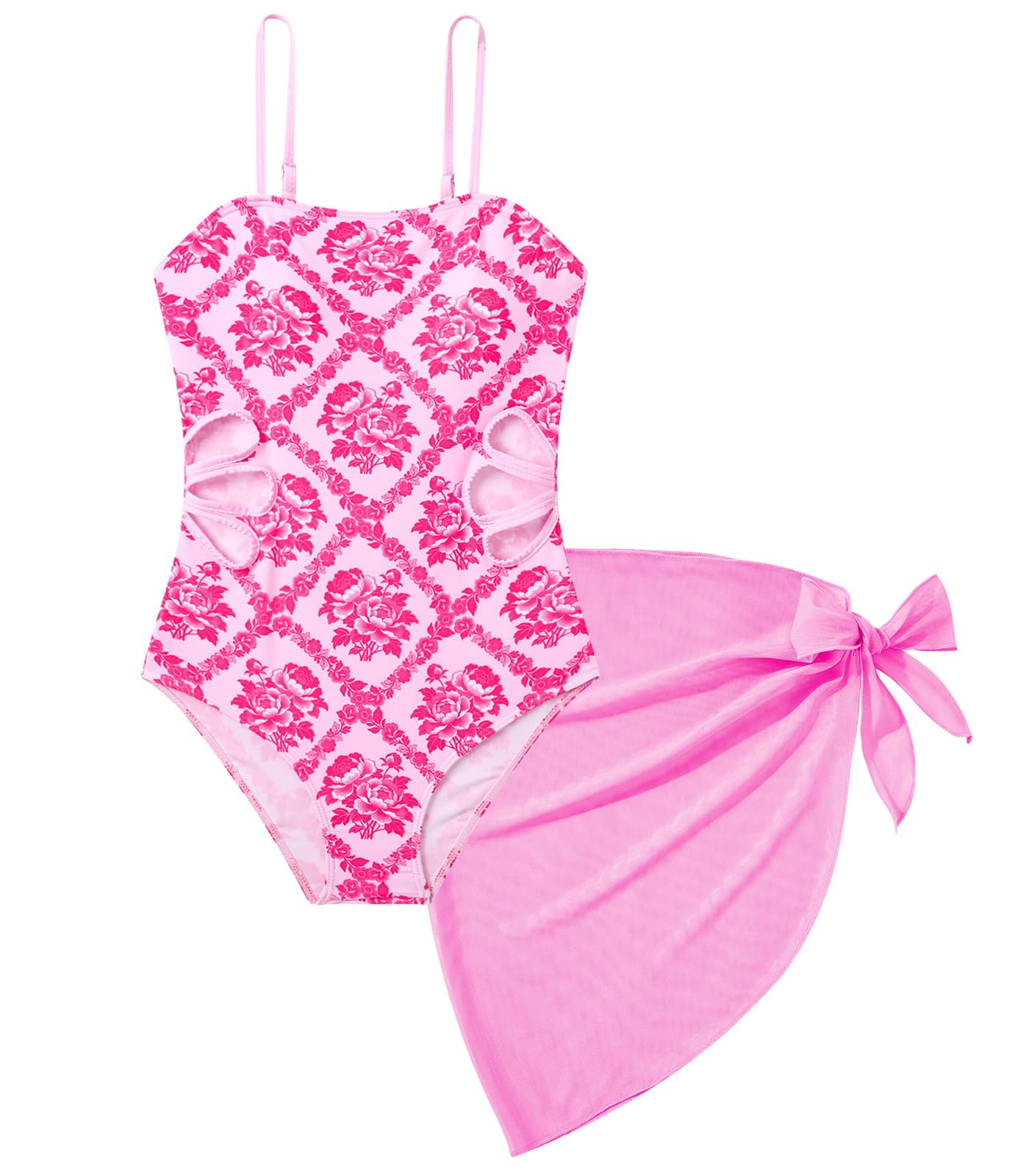 pink rose print girls one piece swimsuit with adjustable straps and matching wrap cover-up skirt