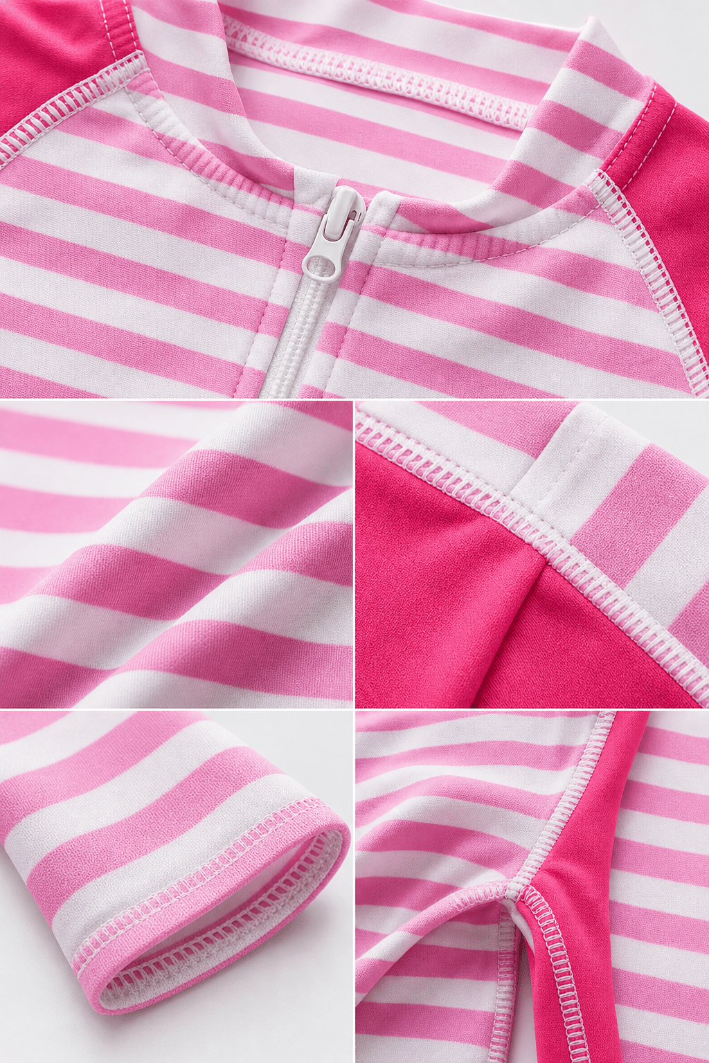 Close-up of pink striped rash guard swimsuit fabric showing the smooth stretch material and colorful stripe pattern.