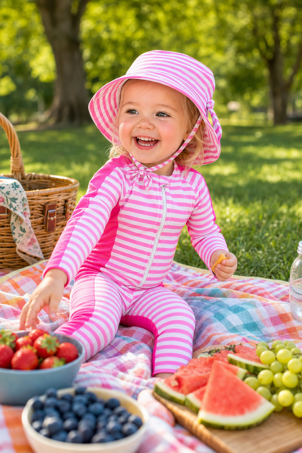 Toddler girl wearing a pink striped long sleeve rash guard swimsuit and matching sun hat while sitting outdoors for summer play.