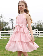 girl wearing elegant pink swiss dot tiered princess dress for birthday parties weddings and family celebrations