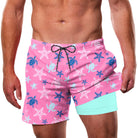 Men's pink turtle print swim shorts with tropical beach style