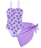 purple butterfly print girls one piece swimsuit with adjustable straps and matching cover-up skirt