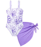 purple floral print girls one piece swimsuit with side cutouts and matching lavender wrap skirt