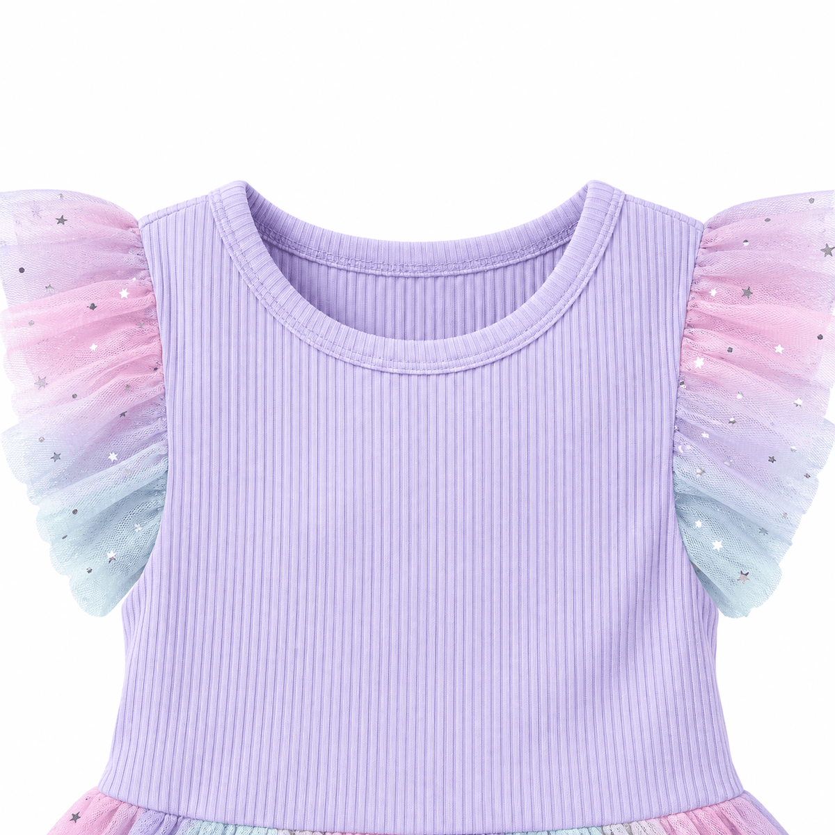 Close-up of the purple girls tulle dress showing the round neckline, fitted bodice and pastel flutter tulle sleeve details.