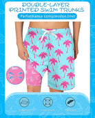 close up view of boys quick dry swim trunks with tropical print design